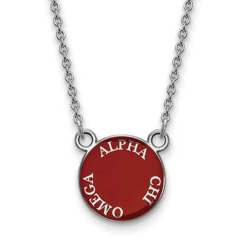 LogoArt Alpha Chi Omega Necklace - Sterling Silver Rhodium-Plated Sorority Text Small Color Enamel Pendant 18 Inch - SS012ACO-18