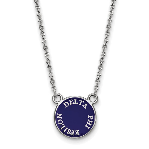 LogoArt Delta Phi Epsilon Necklace - Sterling Silver Rhodium-Plated Sorority Text Small Color Enamel Pendant 18 Inch - SS012DPH-18