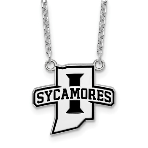 LogoArt Indiana State University Necklace - Sterling Silver Rhodium-Plated Sycamores Large Enameled Pendant 18 Inch
