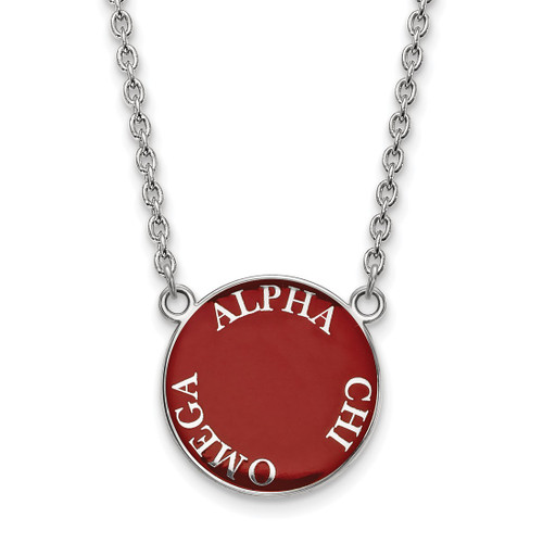LogoArt Alpha Chi Omega Necklace - Sterling Silver Rhodium-Plated Sorority Text Large Color Enamel Pendant 18 Inch - SS013ACO-18