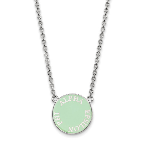 LogoArt Alpha Epsilon Phi Necklace - Sterling Silver Rhodium-Plated Sorority Text Small Color Enamel Pendant 18 Inch - SS013AEP-18