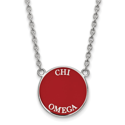 LogoArt Chi Omega Necklace - Sterling Silver Rhodium-Plated Sorority Text Large Color Enamel Pendant 18 Inch - SS013CHO-18