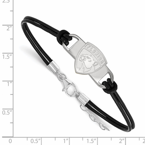 LogoArt Florida Panthers Bracelet - Sterling Silver Rhodium-Plated Small Center Black Leather 7 Inch with Extender - View 2