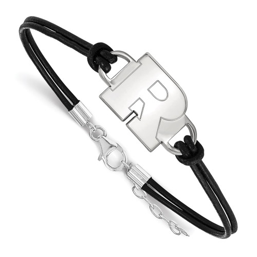 LogoArt Rutgers University Bracelet - Sterling Silver Rhodium-Plated Letter R Small Center Black Leather 7 Inch with Extender