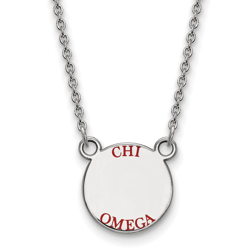 LogoArt Chi Omega Necklace - Sterling Silver Rhodium-Plated Sorority Text Small Color Enamel Pendant 18 Inch