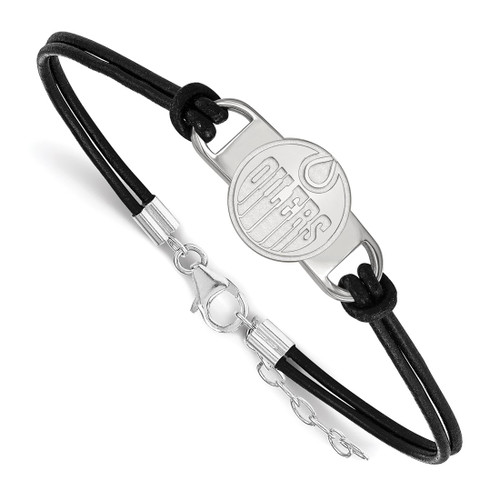 LogoArt Edmonton Oilers Bracelet - Sterling Silver Rhodium-Plated Small Center Black Leather 7 Inch with Extender