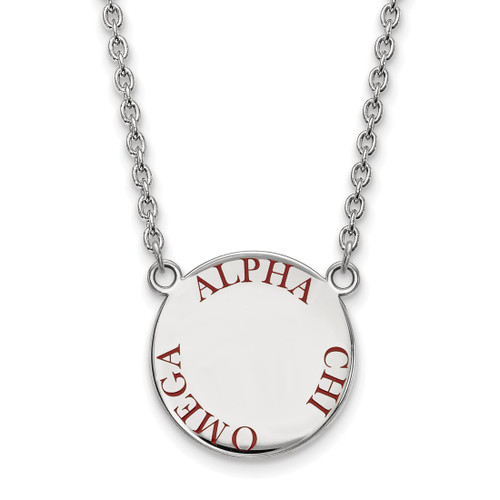 LogoArt Alpha Chi Omega Necklace - Sterling Silver Rhodium-Plated Sorority Text Large Color Enamel Pendant 18 Inch - SS015ACO-18
