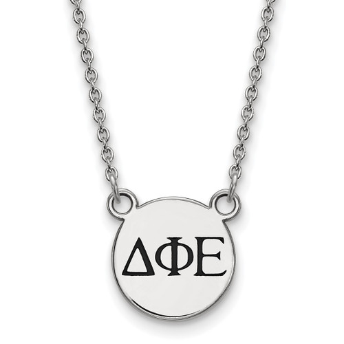 LogoArt Delta Phi Epsilon Necklace - Sterling Silver Rhodium-Plated Sorority Greek Letters Small Black Enamel Pendant 18 Inch