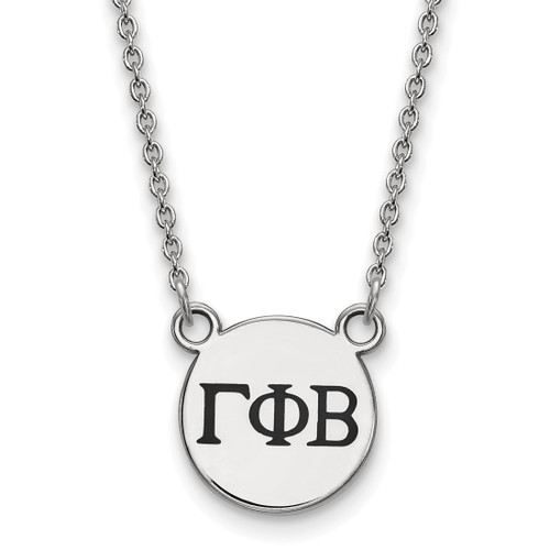LogoArt Gamma Phi Beta Necklace - Sterling Silver Rhodium-Plated Sorority Greek Letters Small Black Enamel Pendant 18 Inch