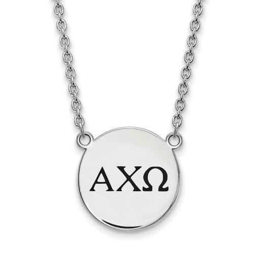 LogoArt Alpha Chi Omega Necklace - Sterling Silver Rhodium-Plated Sorority Greek Letters Large Black Enamel Pendant 18 Inch