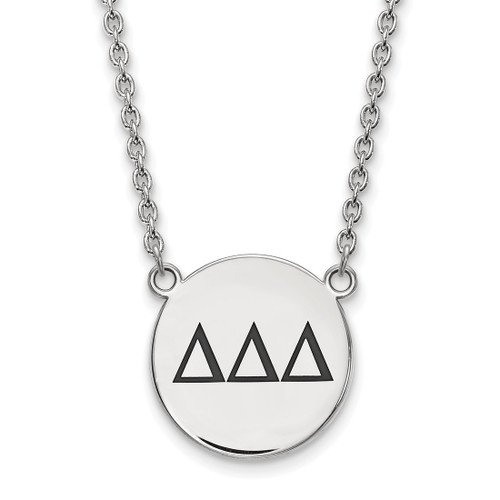 LogoArt Delta Delta Delta Necklace - Sterling Silver Rhodium-Plated Sorority Greek Letters Large Black Enamel Pendant 18 Inch