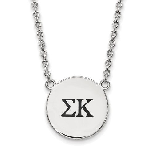 LogoArt Sigma Kappa Necklace - Sterling Silver Rhodium-Plated Sorority Greek Letters Large Black Enamel Pendant 18 Inch