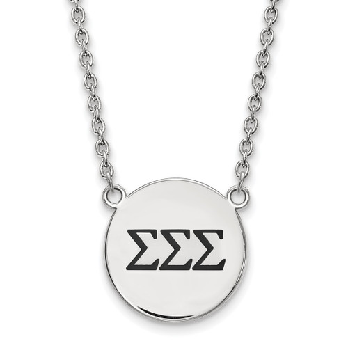 LogoArt Sigma Sigma Sigma Necklace - Sterling Silver Rhodium-Plated Sorority Greek Letters Large Black Enamel Pendant 18 Inch