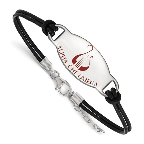LogoArt Alpha Chi Omega Bracelet - Sterling Silver Rhodium-Plated Sorority Symbol Color Enamel Black Leather 7 Inch with Extender
