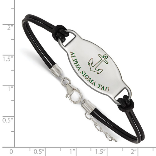 LogoArt Alpha Sigma Tau Bracelet - Sterling Silver Rhodium-Plated Sorority Symbol Color Enamel Black Leather 7 Inch with Extender - View 2