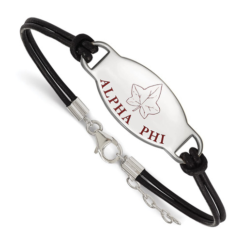 LogoArt Alpha Phi Bracelet - Sterling Silver Rhodium-Plated Sorority Symbol Color Enamel Black Leather 7 Inch with Extender