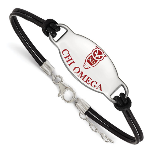 LogoArt Chi Omega Bracelet - Sterling Silver Rhodium-Plated Sorority Symbol Color Enamel Black Leather 7 Inch with Extender