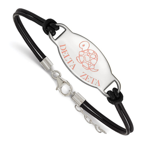 LogoArt Delta Zeta Bracelet - Sterling Silver Rhodium-Plated Sorority Symbol Color Enamel Black Leather 7 Inch with Extender