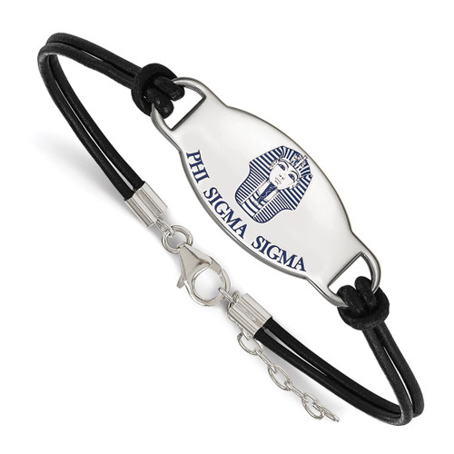 LogoArt Phi Sigma Sigma Bracelet - Sterling Silver Rhodium-Plated Sorority Symbol Color Enamel Black Leather 7 Inch with Extender