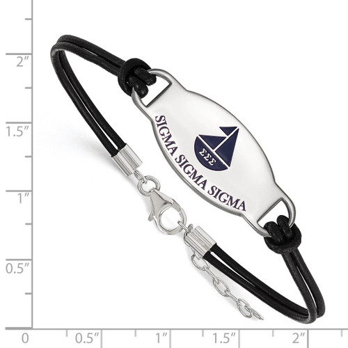 LogoArt Sigma Sigma Sigma Bracelet - Sterling Silver Rhodium-Plated Sorority Symbol Color Enamel Black Leather 7 Inch with Extender - View 2