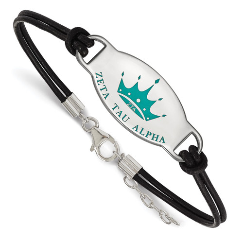 LogoArt Zeta Tau Alpha Bracelet - Sterling Silver Rhodium-Plated Sorority Symbol Color Enamel Black Leather 7 Inch with Extender