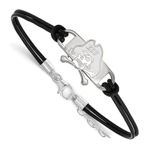 LogoArt East Carolina University Bracelet - Sterling Silver Rhodium-Plated Pirate Small Center Black Leather 7 Inch with Extender