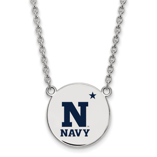Sterling Silver Rhodium-Plated LogoArt US Naval Academy Large Enameled Disc Pendant 18 Inch Necklace