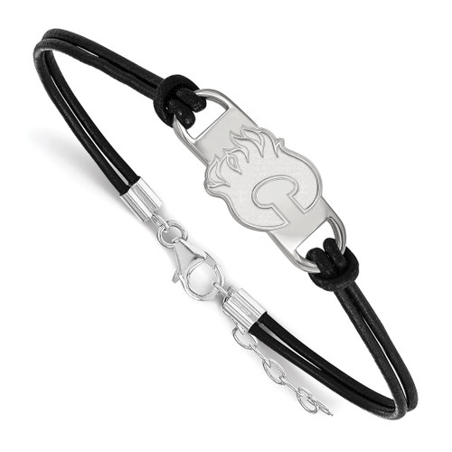 LogoArt Calgary Flames Bracelet - Sterling Silver Rhodium-Plated Letter C Small Center Black Leather 7 Inch with Extender