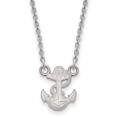 Sterling Silver Rhodium-Plated LogoArt US Naval Academy Anchor Small Pendant 18 Inch Necklace