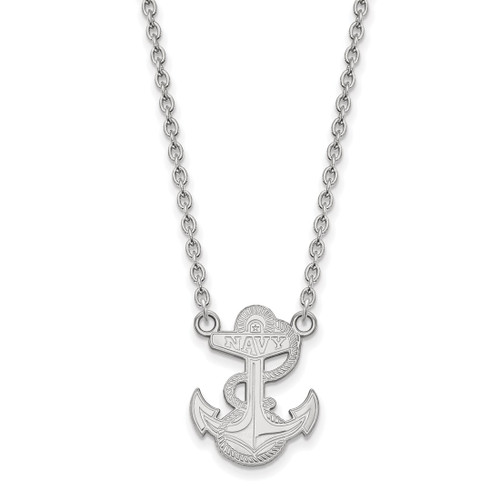 Sterling Silver Rhodium-Plated LogoArt US Naval Academy Anchor Large Pendant 18 Inch Necklace