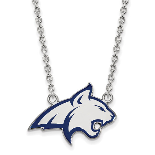 LogoArt Montana State University Necklace - Sterling Silver Rhodium-Plated Bobcat Large Enameled Pendant 18 Inch