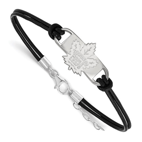 LogoArt Toronto Maple Leafs Bracelet - Sterling Silver Rhodium-Plated Small Center Black Leather 7 Inch with Extender