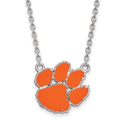 LogoArt Clemson University Necklace - Sterling Silver Rhodium-Plated Tiger Paw Large Enameled Pendant 18 Inch