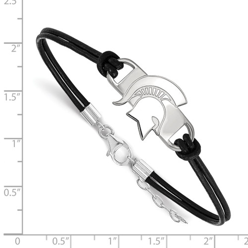 LogoArt Michigan State University Bracelet - Sterling Silver Rhodium-Plated Spartan Small Center Black Leather 7 Inch with Extender - View 2