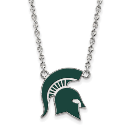 LogoArt Michigan State University Necklace - Sterling Silver Rhodium-Plated Spartan Large Enameled Pendant 18 Inch