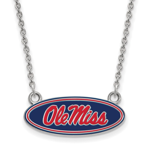 LogoArt University of Mississippi Necklace - Sterling Silver Rhodium-Plated Ole Miss Small Enameled Oval Pendant 18 Inch