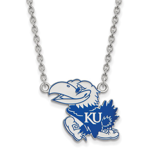 LogoArt University of Kansas Necklace - Sterling Silver Rhodium-Plated Jayhawk Large Enameled Pendant 18 Inch