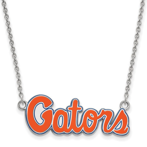 LogoArt University of Florida Necklace - Sterling Silver Rhodium-Plated Gators Script Small Enameled Pendant 18 Inch