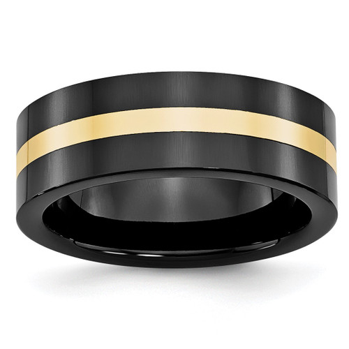 Chisel Ceramic Flat Black with 14K Gold Inlay 8 mm Polished Wedding Band