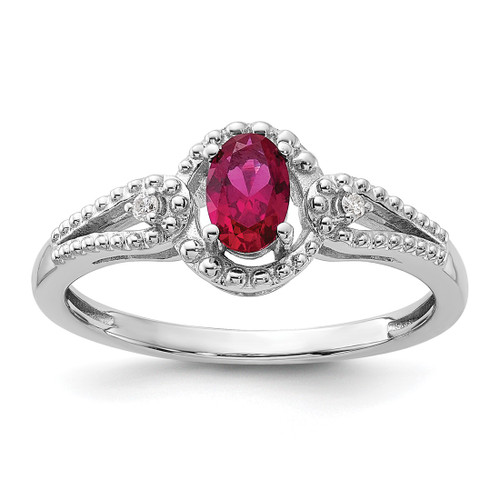Sterling Silver Rhodium-Plated Lab-Created Ruby & 0.021ct Diamond. Ring, 2 mm