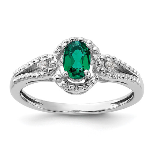 Sterling Silver Rhodium-Plated Lab-Created Emerald & 0.021ct Diamond. Ring, 2 mm