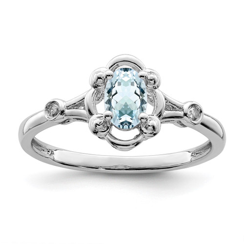 Sterling Silver Rhodium-Plated Aquamarine & 0.021ct Diamond. Ring, 2 mm, 2 mm Wide, 10 mm Top Length, 8 mm Top Width, Polished