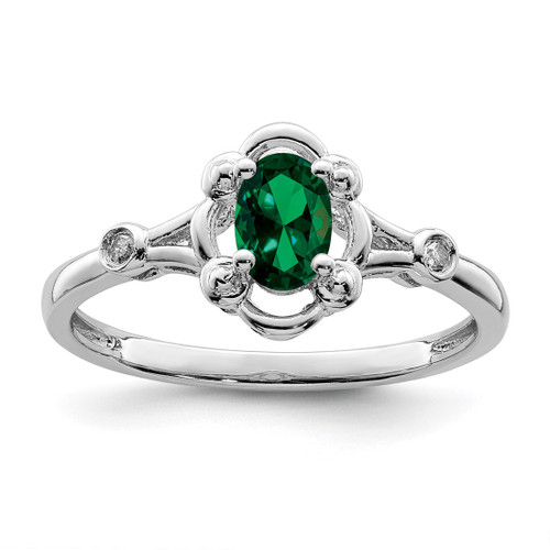 Sterling Silver Rhodium-Plated Lab-Created Emerald & 0.021ct Diamond. Ring, 2 mm, 2 mm Wide, 10 mm Top Length, 8 mm Top Width, Polished