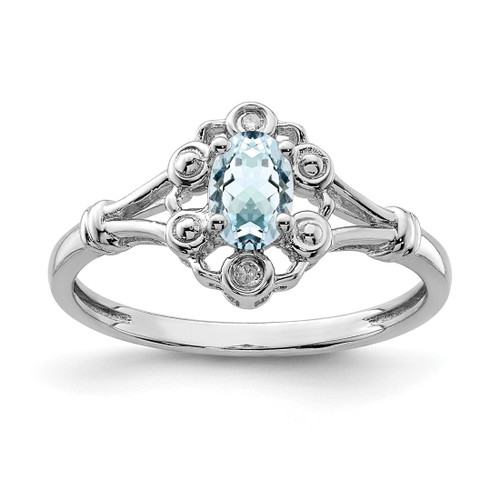 Sterling Silver Rhodium-Plated Aquamarine & 0.021ct Diamond. Ring, 2 mm, 2 mm Wide, 10 mm Top Length, 8.5 mm Top Width, Polished