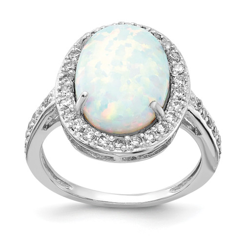 Cheryl M Sterling Silver Rhodium-Plated Cabochon Lab-Created Opal and Brilliant-Cut Cubic Zirconia Oval Halo Ring, 1.8 mm