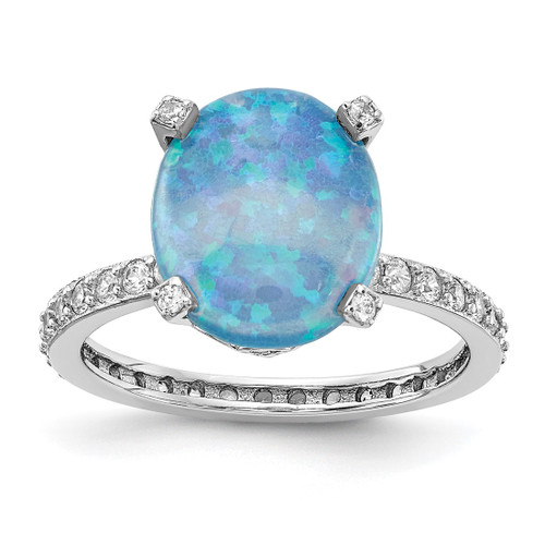 Cheryl M Sterling Silver Rhodium-Plated Cabochon Blue Lab-Created Opal and Brilliant-Cut Cubic Zirconia Oval with Side Stones Ring