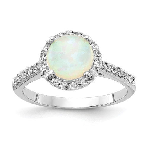 Cheryl M Sterling Silver Rhodium-Plated Cabochon Lab-Created Opal and Brilliant-Cut Cubic Zirconia Halo Ring, 2 mm, 10.75 mm Wide, 10.75 mm Top Length
