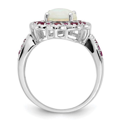 Cheryl M Sterling Silver Rhodium-Plated Cabochon Lab-Created Opal and Brilliant-Cut Red Nano Crystal Flower Ring - View 2