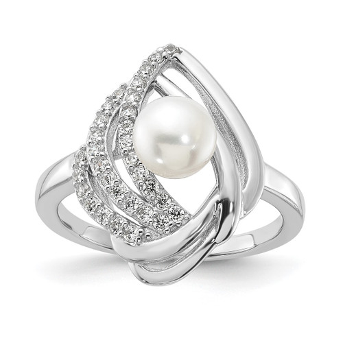 Cheryl M Sterling Silver Rhodium-Plated Cultured Freshwater Pearl and Brilliant-Cut Cubic Zirconia Fancy Teardrop Design Ring
