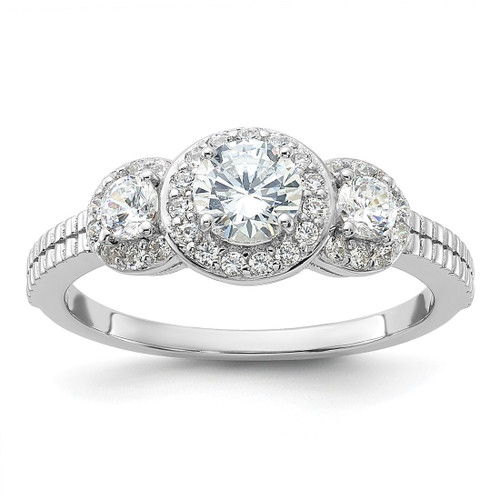 Cheryl M Sterling Silver Rhodium-Plated Brilliant-Cut Cubic Zirconia 3-Stone Halo with Textured Side Ring